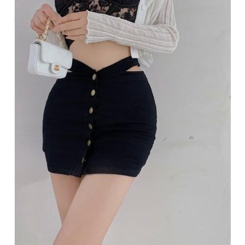 Hollow Out Waist Skinny Denim Skirt Button Summer A-Line Jeans Skirt Women Plus Size Black/Green Sexy Short Mini Shorts Skirts