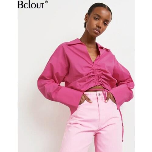 Bclout Loose Drawstring Cotton Crop Tops Women Autumn V Neck Long Sleeve Pink Shirts Office Lady Fashion Blouses 2021 Streetwear