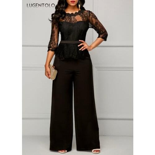 Elegant Jumpsuit Women Slim Summer New Solid Fashion Sexy Lace O-neck Straight Ladies High Waist Jumpsuits Lugentolo