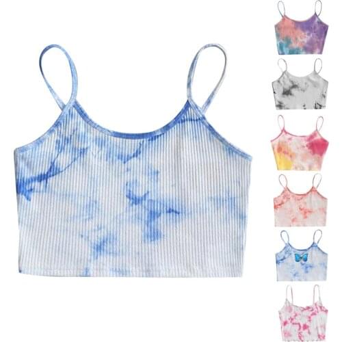 1PC Tie Dye Print Strappy Vest for Women Summer Casual Ribbed Crop Tops Camis Fashion Sports Bras Female Sports Tanks
