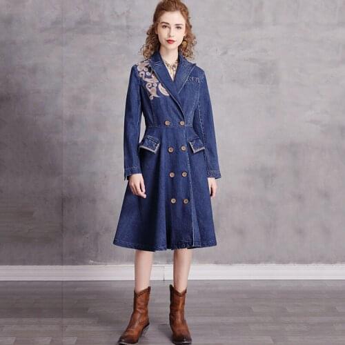 SeeBeautiful Vintage Embroidery Denim Dress Notched Long Sleeve Double Breasted New Fashion Spring 2021 Women M361