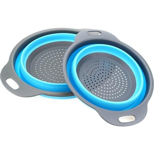 2 Pcs Blue Telescopic Folding Fruit Basket With Anti Skid Handle Hollow Bottom Comfortable Grip Folding Drain Basket