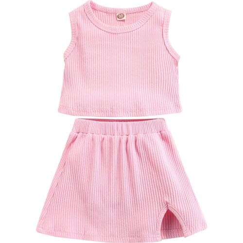 2021 Infant 2 Pcs Infant Summer Outfits, Baby Girls Ribbed Round Neck Tank Tops + Slit Skirt 6M-5T