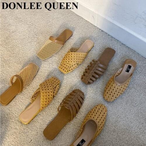2021 Summer Slippers Fashion Cane Weaving Mule Shoe Female Designer Slide Ladies Brand Slipper Casual Flip Flops Sandalias Mujer
