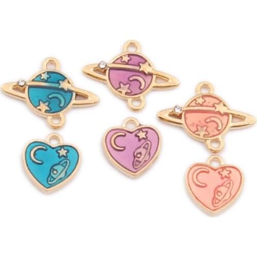 Free Shipping 100pcs/Lot Glitter Enamel Alloy Charms Cute Saturn Star Connectors Love Heart Floating Oil Drop Earring Pendants