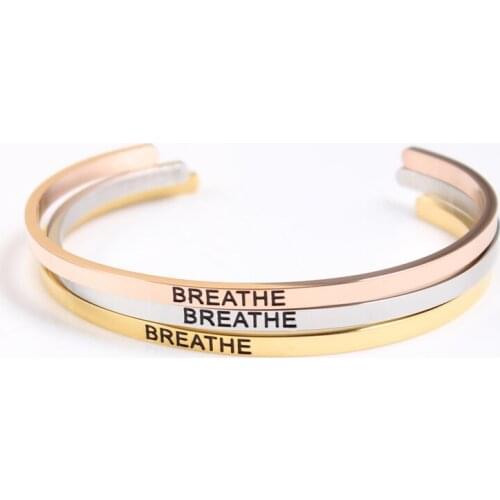 316L Stainless Steel Engraved Positive Inspirational Hand imprint (BREATH) Message Cuff Engraved Bracelet Bangle