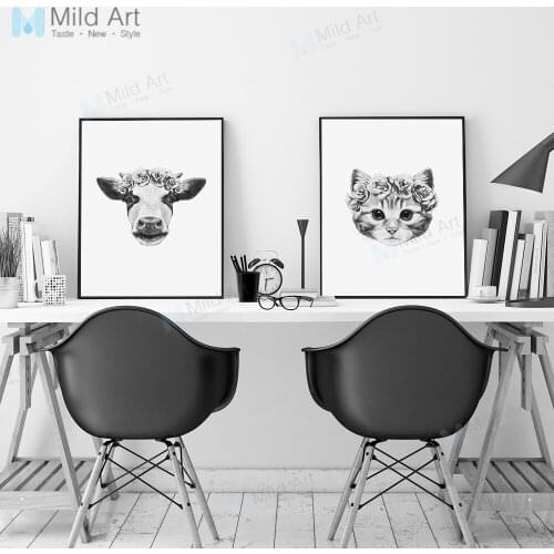 Black and White Cat Cow Horse Kawaii Flower Animal Head Posters Prints Scandinavian Wall Art Pictures Home Decor Canvas Painting