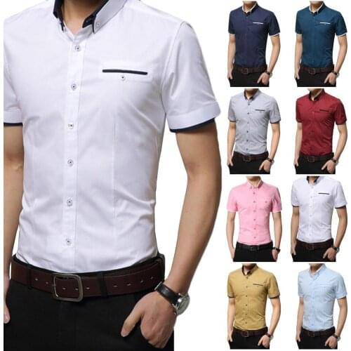 Men Solid Color Short Sleeve Turn Down Collar Buttons Cotton Plus Size Shirt