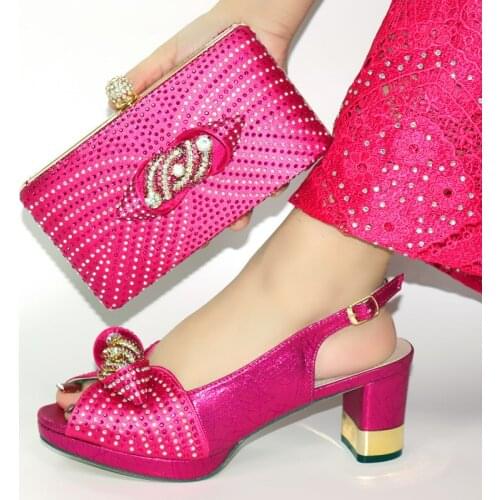 Doershow new Shoes and Bag Set African Sets 2020 fuchsia Italian Shoe Bag Set Decorated with Rhinestone High Quality SIM1-32