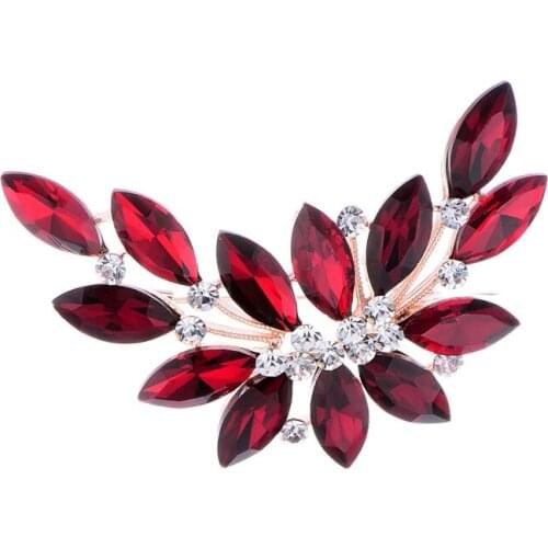 Elegant Red Crystal Leaves Brooches For Women Wedding Dress Coat Scarf Brooch Accessory Top Quality Gold Color Jewelry X1822