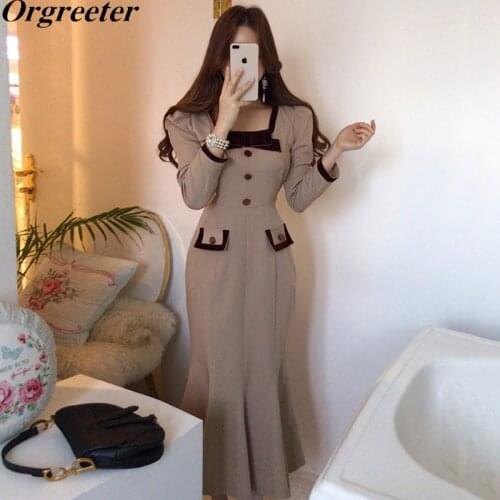 Chic Exquisite Velvet Button Bow Deco Trumpet Dress Elegant Square collar Slim Fit Puff Sleeve Party Mermaid Dresses Women