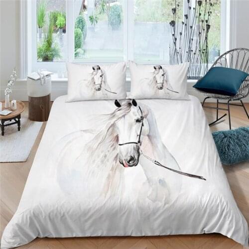 Luxury 3D White Horse Print 2/3Pcs Kids Teens Bedding Sets Animal Duvet Cover Pillowcase Home Textile Single/Queen/King Size
