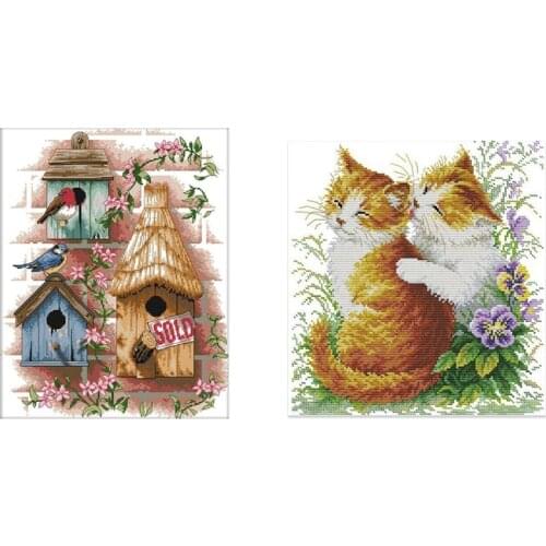 Best Embroidery Suit 11CT Two Small Cat Cat Kiss Pattern 42 x 44 cm & 14CT Cabin Pattern Cross-Stitching 34 x 43cm