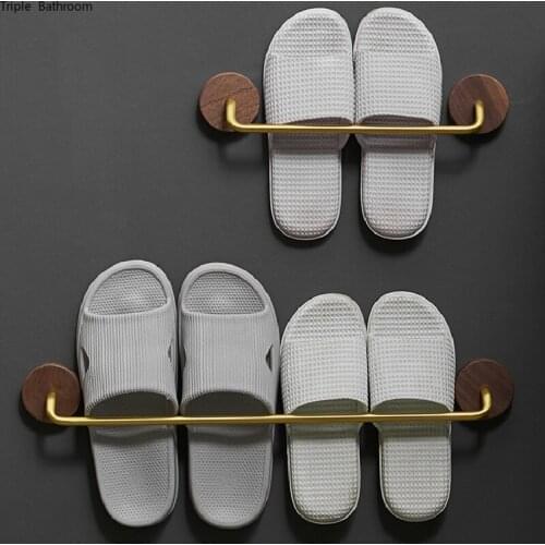 Creative Solid Wood Golden Space Aluminum Slippers Storage Bracket Entrance Home Bathroom Accessories Wall-mounted Punch-free
