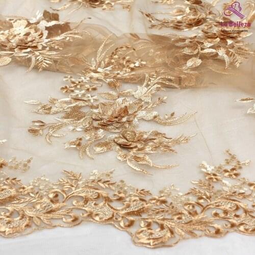 La Belleza new design lace ,gold 3D flowers lace fabric,rose pink 3D flowers lace fabric evening dress lace fabric 1 yard