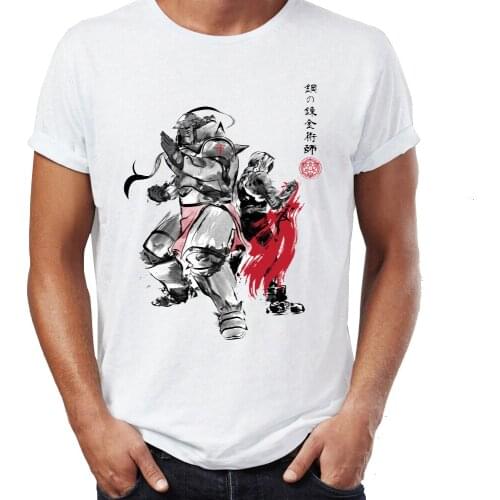 Summer Mens T-shirt FullMetal Alchemist Edward And Alphonse Awesome Anime Tshirt Cool Tees Tops Youth Harajuku Streetwear