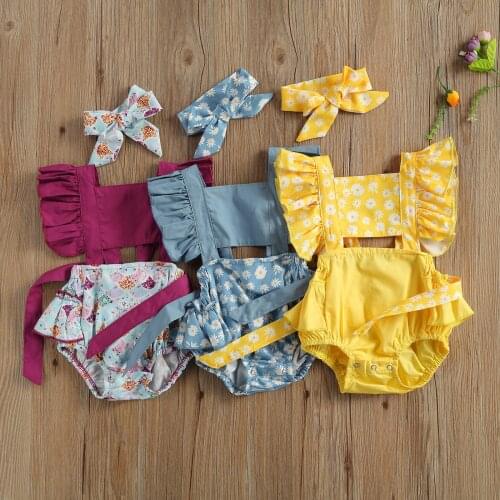 Fashion New 2021 Casual Baby Girls Outfits Floral Daisy Print Fly Sleeve Square Collar Tie Up Ruffle Romper+Headband 2pcs Suit