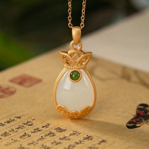 Natural Hetian White Jade Money Bag Pendant Necklace Chinese Style Retro Palace Style Charm Womens Silver Jewelry