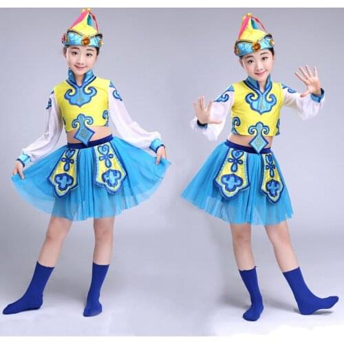 Girls Mongolia Stage Suits Chinese Folk dance Costumes Child Hmong Dance Clothing Traditional Dance wear With Hat for Kids