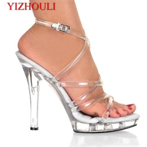 13cm sexy ultra high heel performance shoes crystal bridal wedding shoes, ladies stage transparent 5-inch fashion sandals