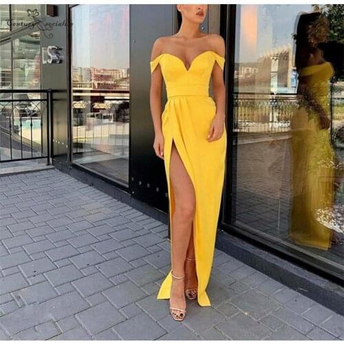 Yellow Evening Dresses Long High Split Off Shoulder Zipper Back Prom Party Formal Gowns Vestido De Festa Customized