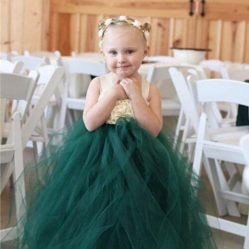 Girls Vintage Green Flower Tutu Dress Kids Crochet Tulle Straps Dress Ball Gown Children Birthday Wedding Party Costume Dresses