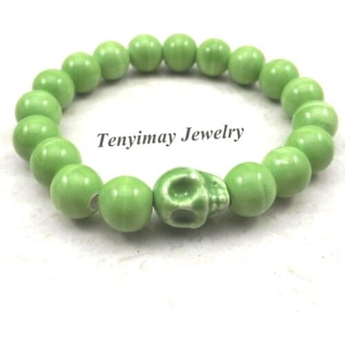 Green Skull Charm Bracelets 10mm Ceramic Beaded Elastic Bracelets For Halloween Promotion 12pcs Wholesale