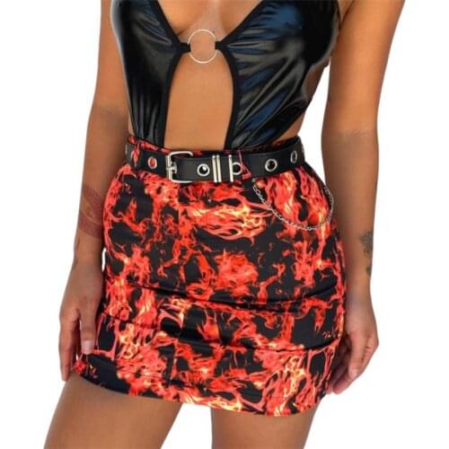 Y2k Women Summer Miniskirt Girls Flame Printing High-Waist Tight Short Skirt with Button and Zipper Open Sexy Red Gothic Clothes