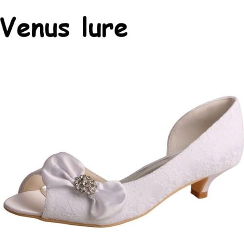 Custom Handmade Low Heel Lace White Shoes for Women Sale Heel Peep Toe