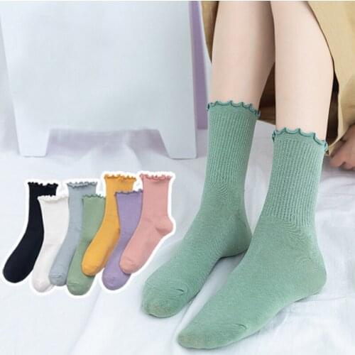 Japanese Style Retro Sock with Wood Ear Ladies Candy Color Lace Boat Socks Cotton Solid Color Sweet Female Socks