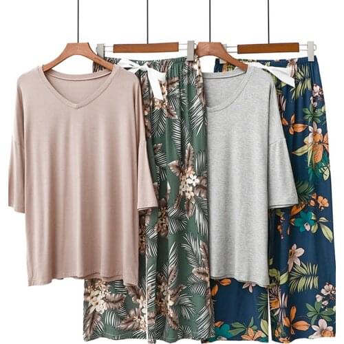 Fdfklak 2021 Spring Summer Womens Pajamas Sets With Flower Print Fashion Female Modal Two Pieces V-Neck Nighties Sleepwear