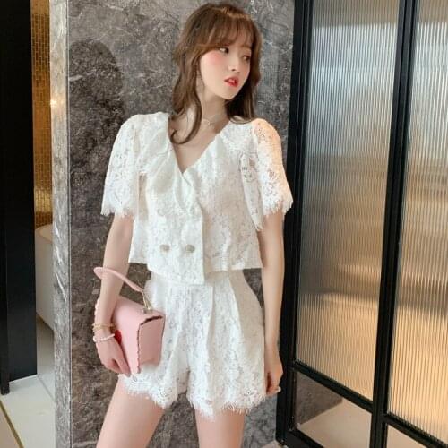 2 Piece Set Lace Women Suit 2020 summer Short Sleeveless V Neck Ruffle Tops and Mini Shorts Crop Top and Pants Two Piece Set