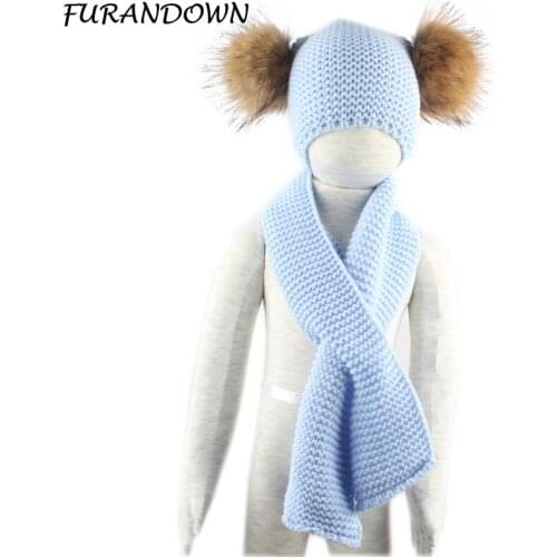 Double Fur Pompom winter hat with scarf kids wool knitted beanie cap baby hat scarf set boys girls pompon hats for kids