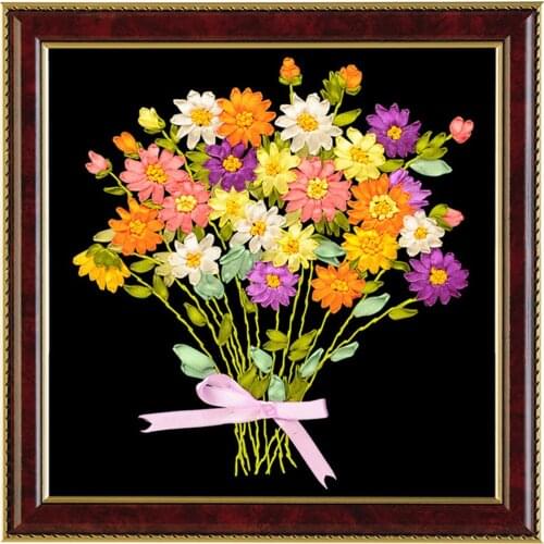 1 Set DIY Pastoral Embroidery Ribbons Cross Stitch Kits for Beginner Needlework 3D Flower Series for Living Room Home Decoration
