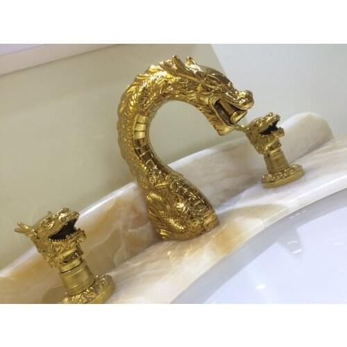 Free ship Ti Gold PVD bathroom 8" widespread 3 Holes dragon lavatory sink Faucet Mixer tap unique Deck mounted
