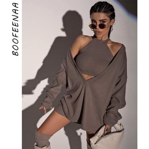 BOOFEENAA Two Piece Set Sweaters Oversized Long Sleeve Top 2021 Fall Winter Clothes Women Knitted Tank Top Pullovers C66-EZ43
