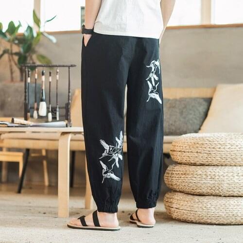 Summer Linen Pants Men Elastic Waist Loose Fit Breathable Pure Linen Causal Embroidered feet pants Pants Lightweight Male Trous
