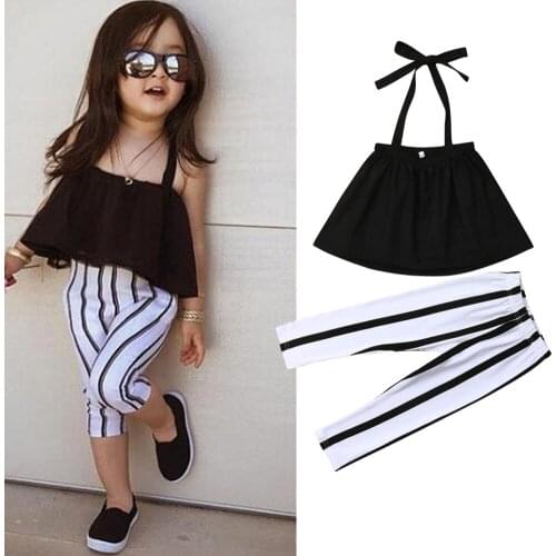 2020 Summer Toddler Baby Girls Clothes Set Solid Hater Tops Stripe Pants Leggings 2pc Kids Clothes Girls set