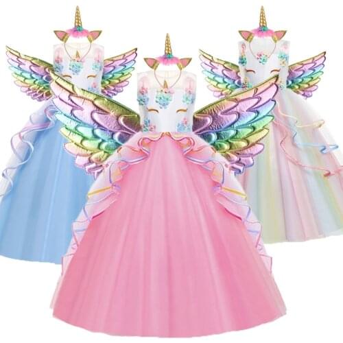 Unicorn Costumes For Girls Birthday Party Dress Embroidery Flower Ball Gown For Kids Rainbow Formal Princess Children Clothing