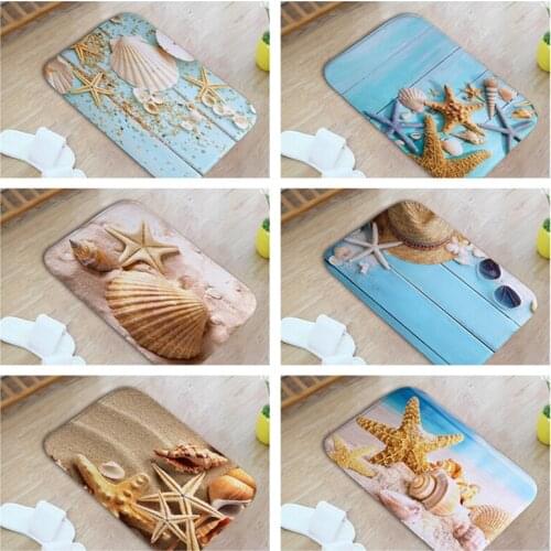 Fantasy Ocean Form Different Shells Starfish Conch Sand Grain Blue Board Beach Orange Petals Coral Fleece Deocration Room Carpet