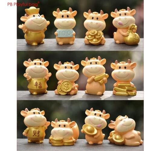 Playful bag 12pcs/set golden cow Cute Baby cows figure China small statue Ornament figurine Little gifts pvc decoration HF98
