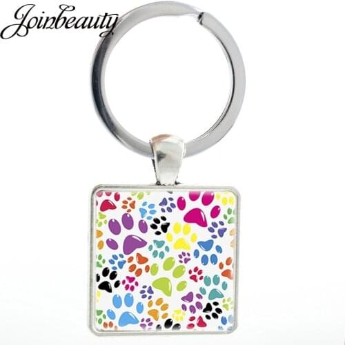 JOINBEAUTY Cute Dogs Footprint Square Shape Glass Pattern Keyrings Lovely Pendant Jewelry Pets Souvenirs Keychains Gifts NT313