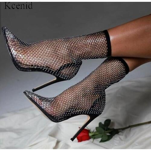 Kcenid Summer crystal mesh boots women PVC runway high heels shoes rhinestone sock boots sexy ladies party wedding sandals boots