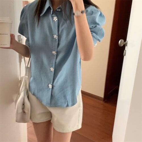 Korean Denim Shirt Women Solid Puff Short Sleeve Flower Shaped Buttons Blouse Summer French Retro Turn Down Collar Jean Tops