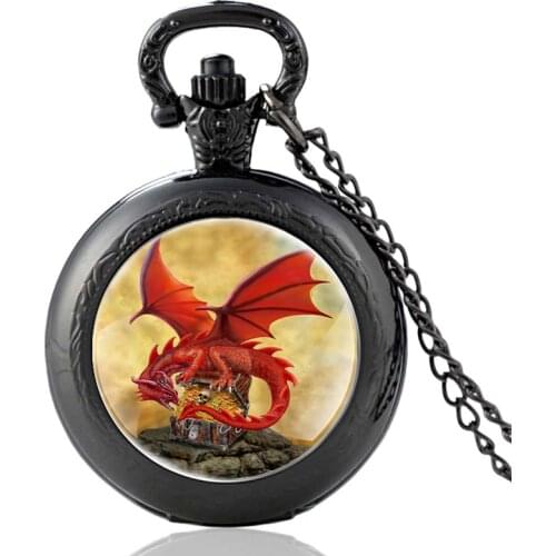 Red Dragon Guardian Of The Treasure Chest Design Vintage Quartz Pocket Watch Men Women FOB Pendant Necklace Hours Clock