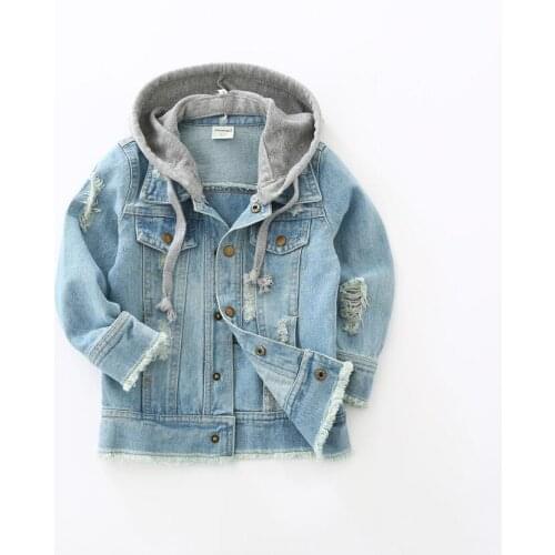 Boys Jacket kids Denim coat Children Outerwear girl clothing Spring Autumn boy hooded Jeans Clothes broken hole For 2-7T