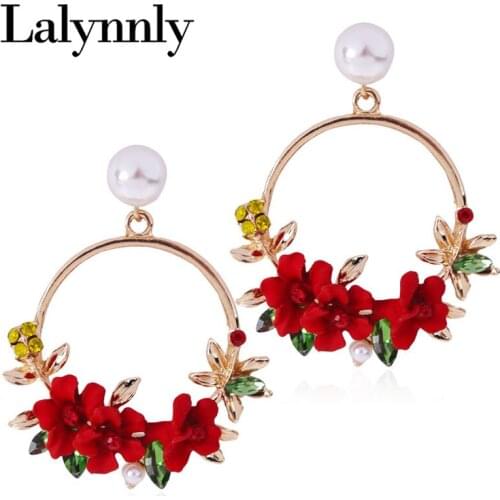 Lalynnly Colorful Handmade Bohemian Earrings Flower Shape Earrings for Women Rhinestone Resin White Pearl Jewelry Earring E29711