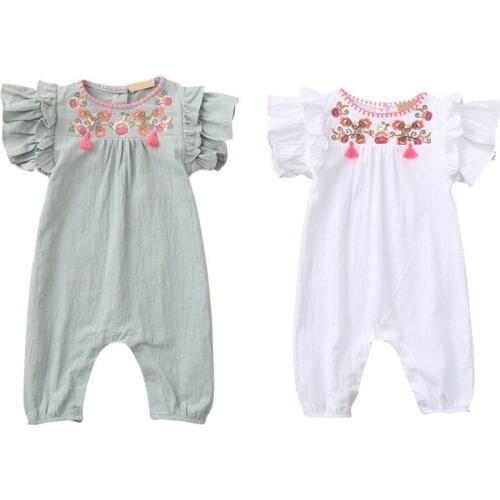 Newborn Girls Summer Jumpsuits Baby Girls Short Sleeve Embroidered Rompers Kids Pullover Toddler Bodysuit