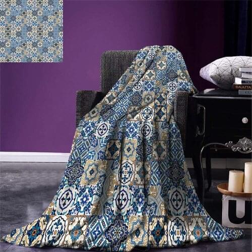 Moroccan Throw Big Collection of Portuguese Traditional Azulejo Motifs Oriental Curls Warm Microfiber Blanket