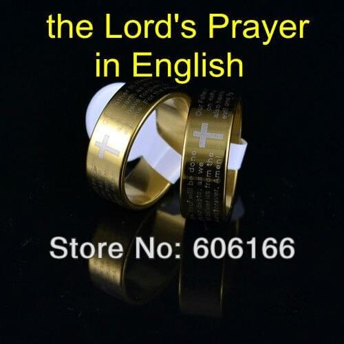 NEW English Bible Lords Prayer Cross Ring Gold Tone Stainless Steel Rings Fashion Religious Jewelry